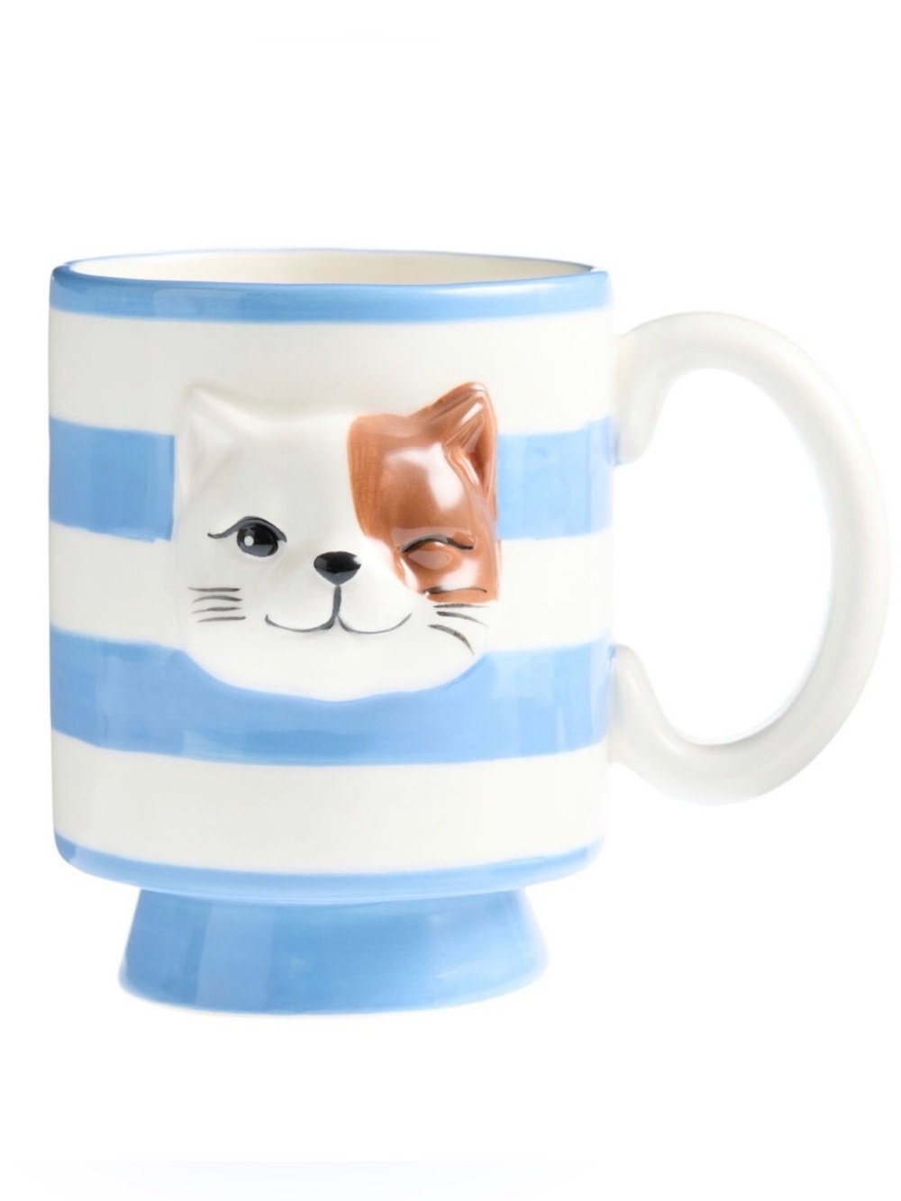 Blue and White Striped Dimensional Cat Face Ceramic Mug NWT World Market